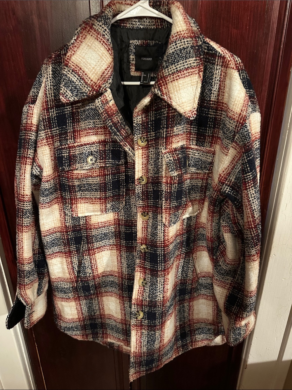 Forever 21 Plaid Oversized Lined Shirt Jacket in Cream, Navy & Red. Size L